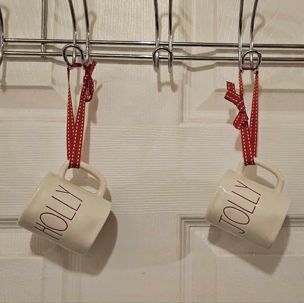 Rae Dunn EUC Ornament Set - Holly and Jolly Mugs with Red Ribbon